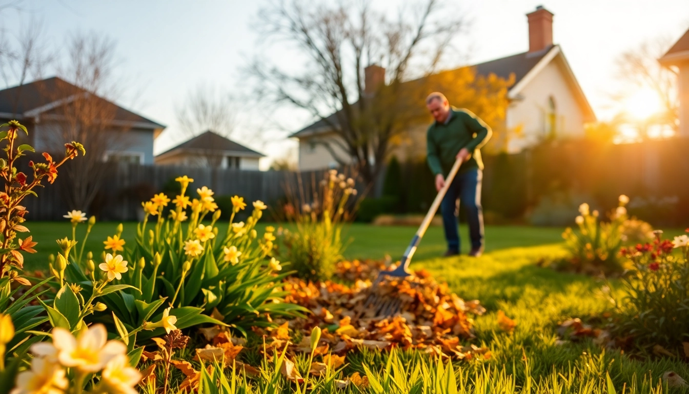 Homeowner conducting a thorough spring clean up in a verdant garden, raking leaves and enjoying the sunny day.