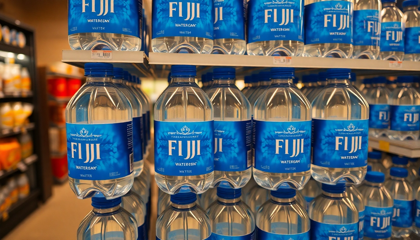 Fiji water bottles recalled due to contamination concerns in sleek packaging, showcasing blue labels on shelves.