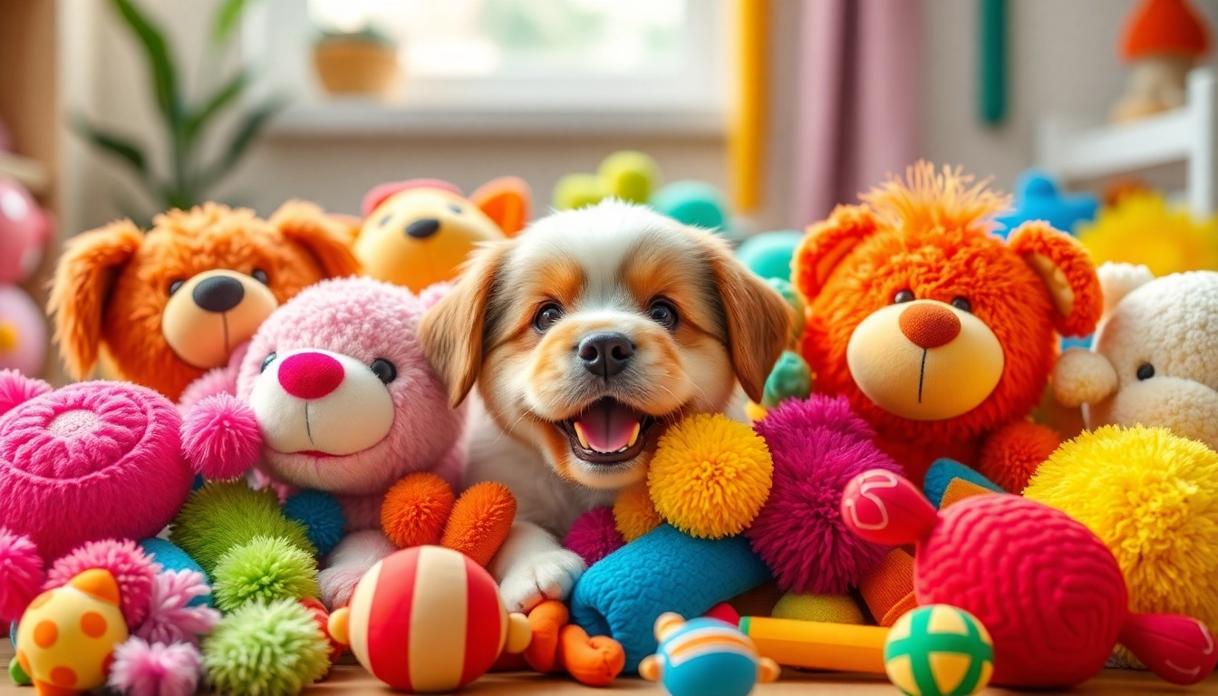 Playful pet toys for dogs, showcasing bright colors and interactive designs.