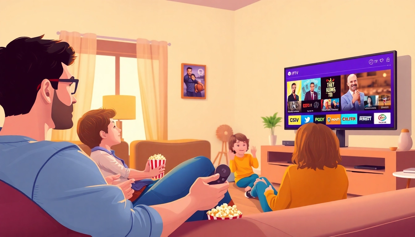 Experience abonnement iptv with a family enjoying diverse channels on a smart TV.