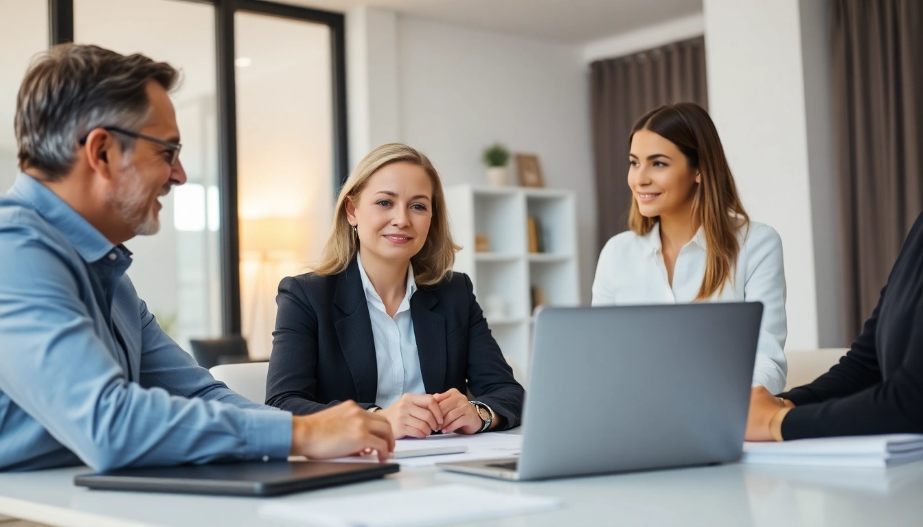 Mortgage process for lenders illustrated by a consultant assisting clients with paperwork.