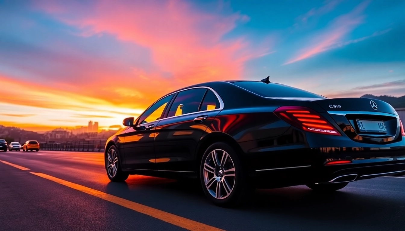 Experience luxury private car service Rio with a sleek sedan amidst the vibrant city skyline at sunset.