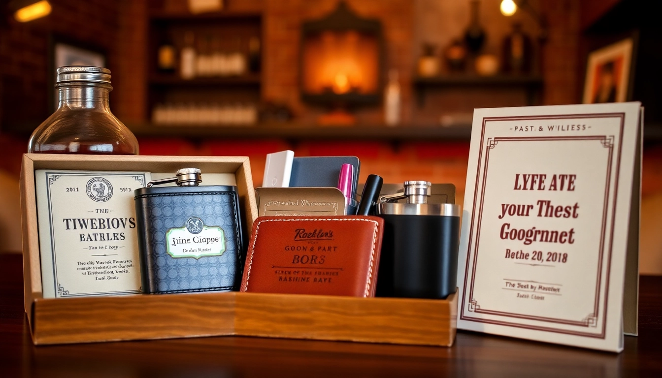 Showcase personalized cheap groomsmen gifts like wallets and flasks in a warm, inviting setting.