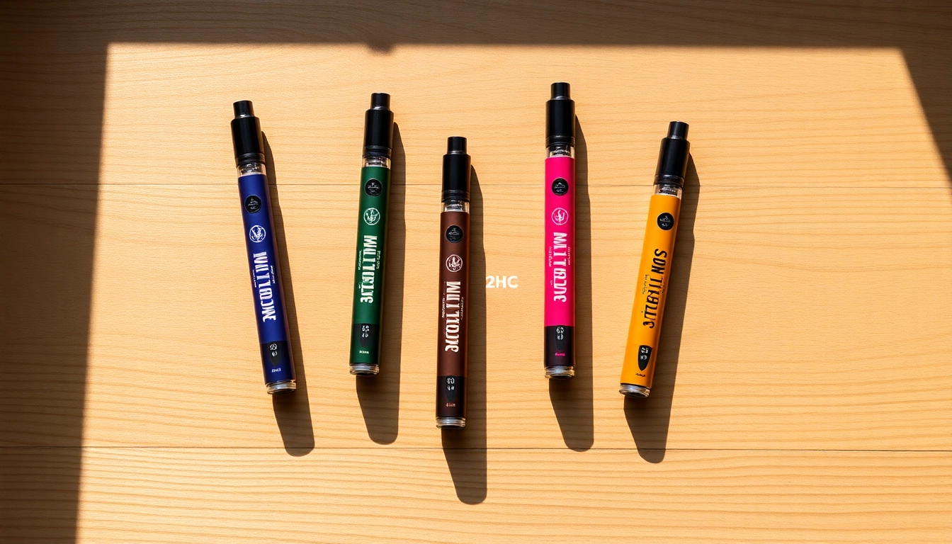 Showcase Muha Meds 2g THC vape pens arranged elegantly with vibrant colors and branding details.