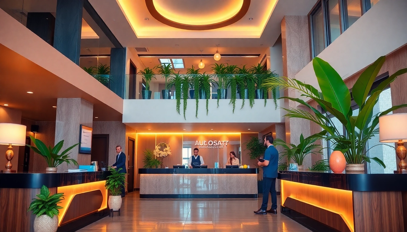 Hotel management team greeting guests with a warm smile at a stylish reception.