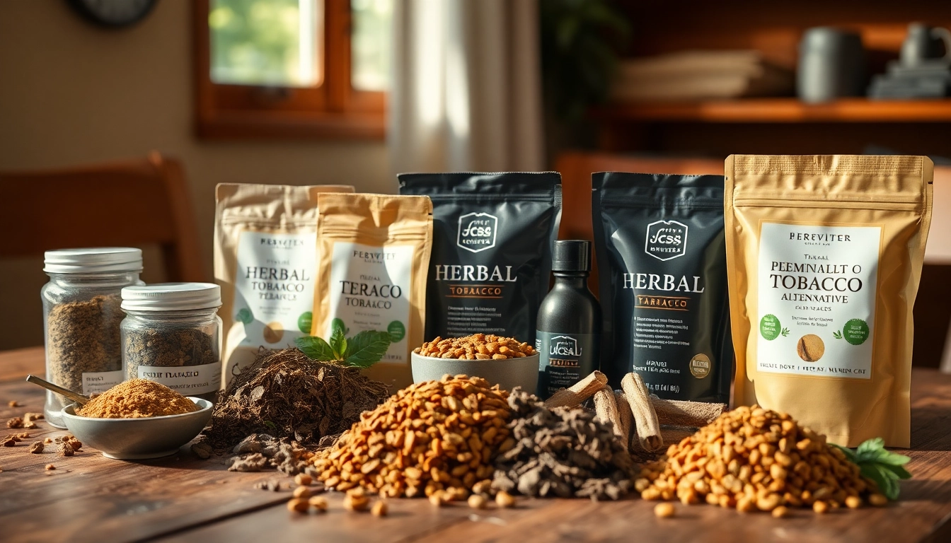 Tobacco Replacement herbal products displayed on a table, highlighting natural alternatives and textures.