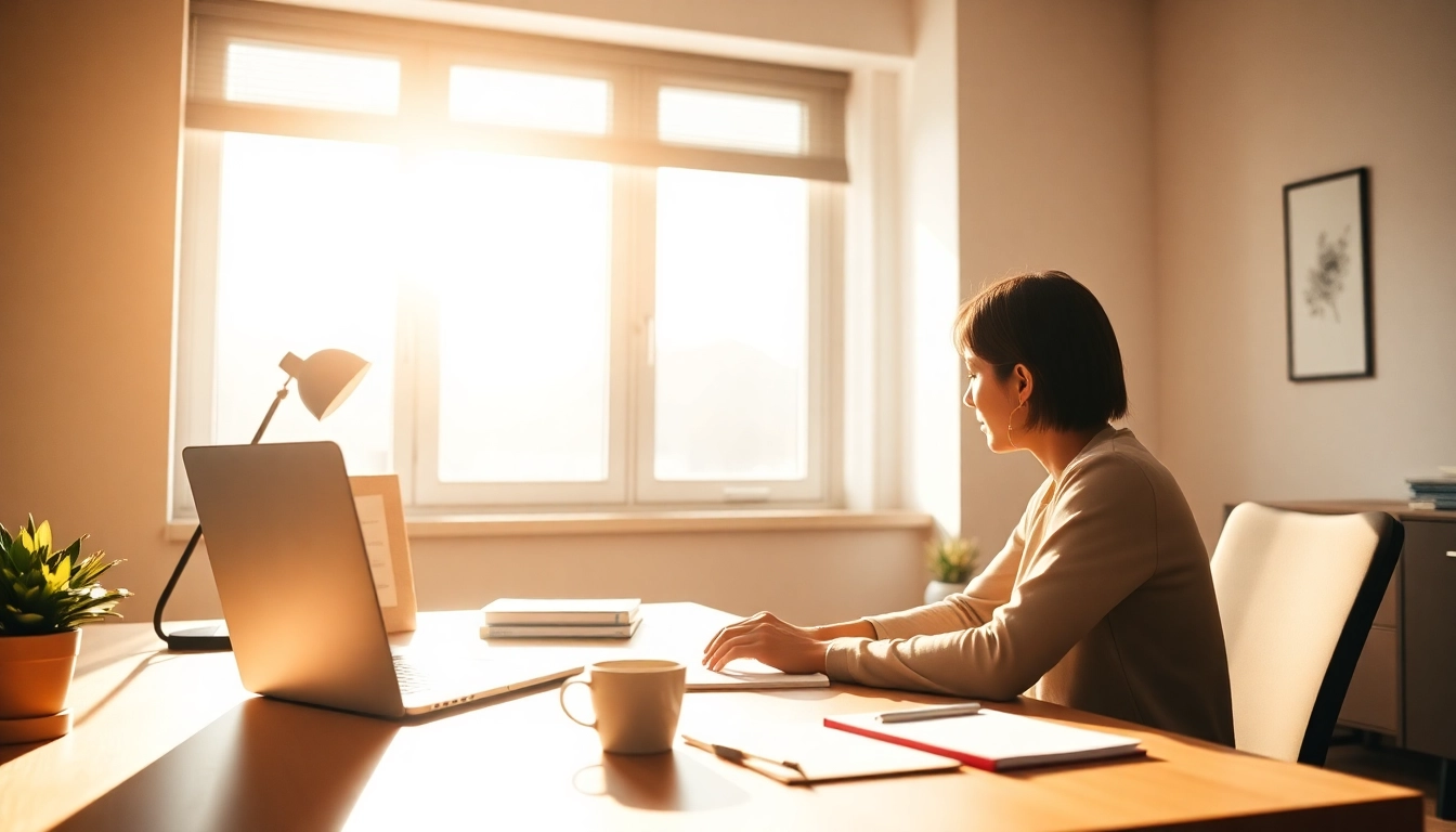 Stayfocused individual working diligently at a tidy desk, surrounded by natural light and productivity aids.