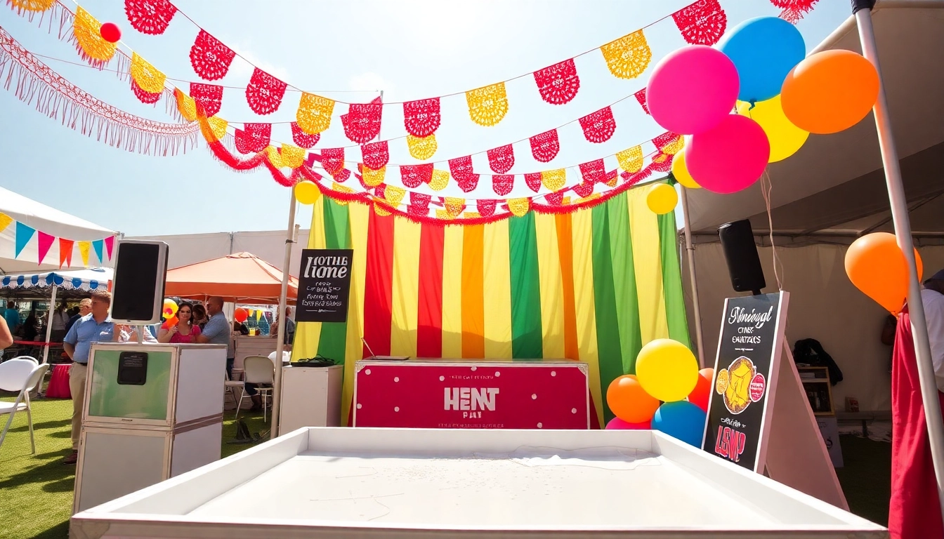 Crowd enjoying a Dunking Booth Rental at an outdoor event with colorful decorations and balloons.