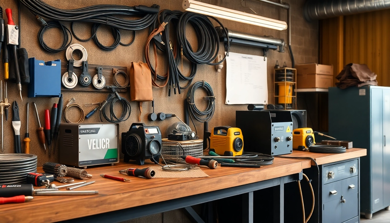 Showcase welding supplies arranged on a workbench, including essential tools for welders.