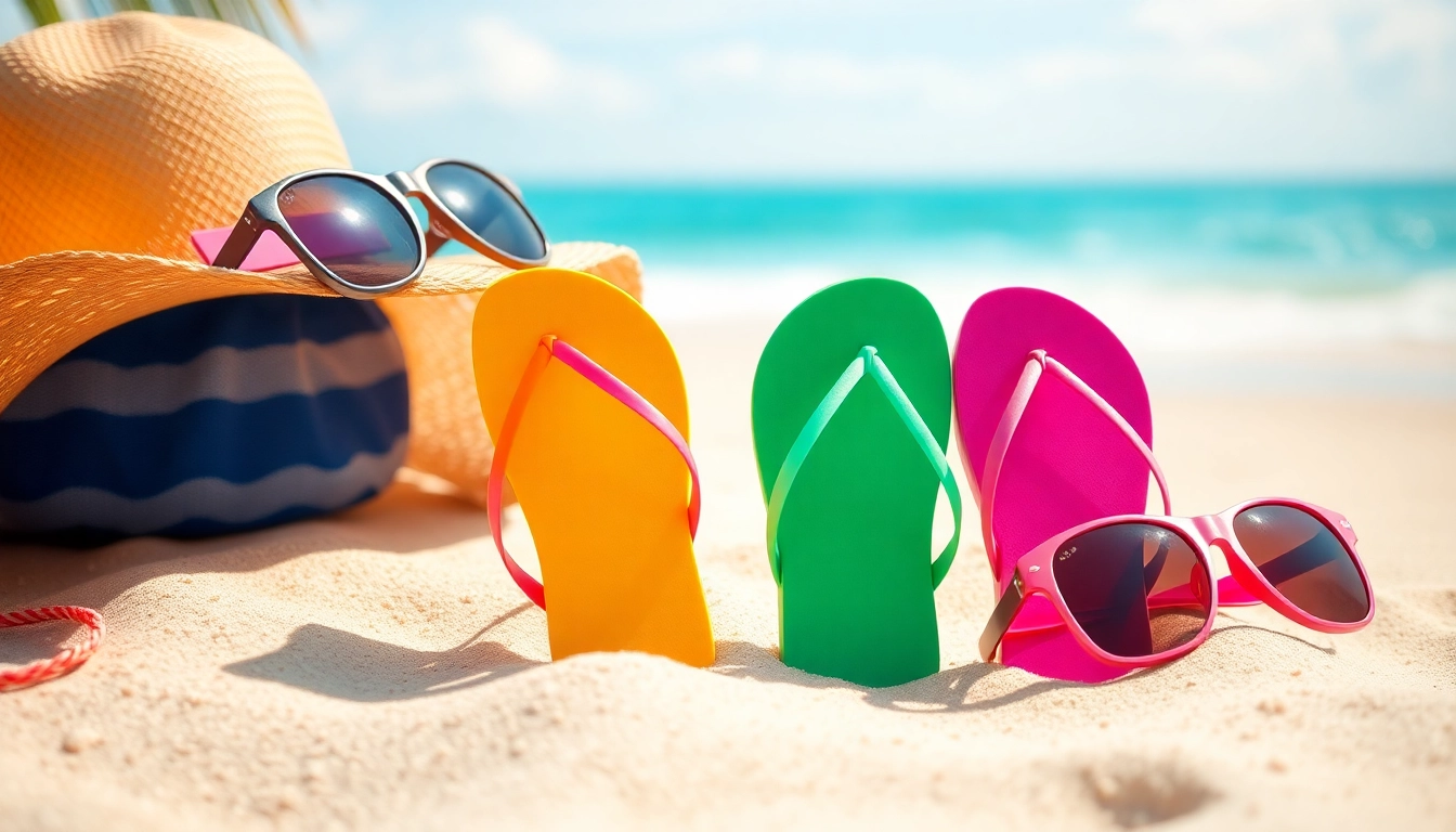 Stylish flip-flops on a beach inviting you to Visit Here for a summer getaway.