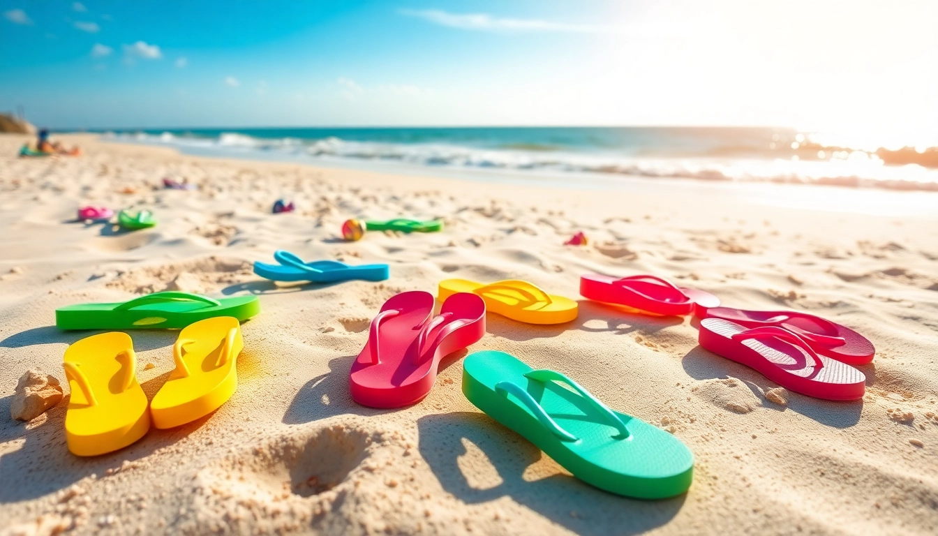 Brightly colored flip-flops on sand during summer, encouraging you to Visit Here for stylish summer footwear.