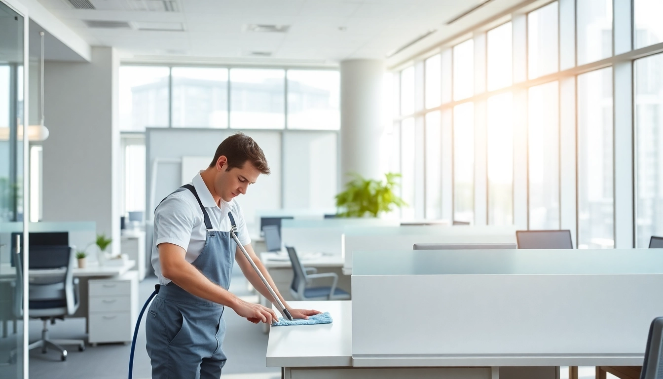 Professional cleaner providing Jacksonville commercial cleaning services in a bright, modern office.