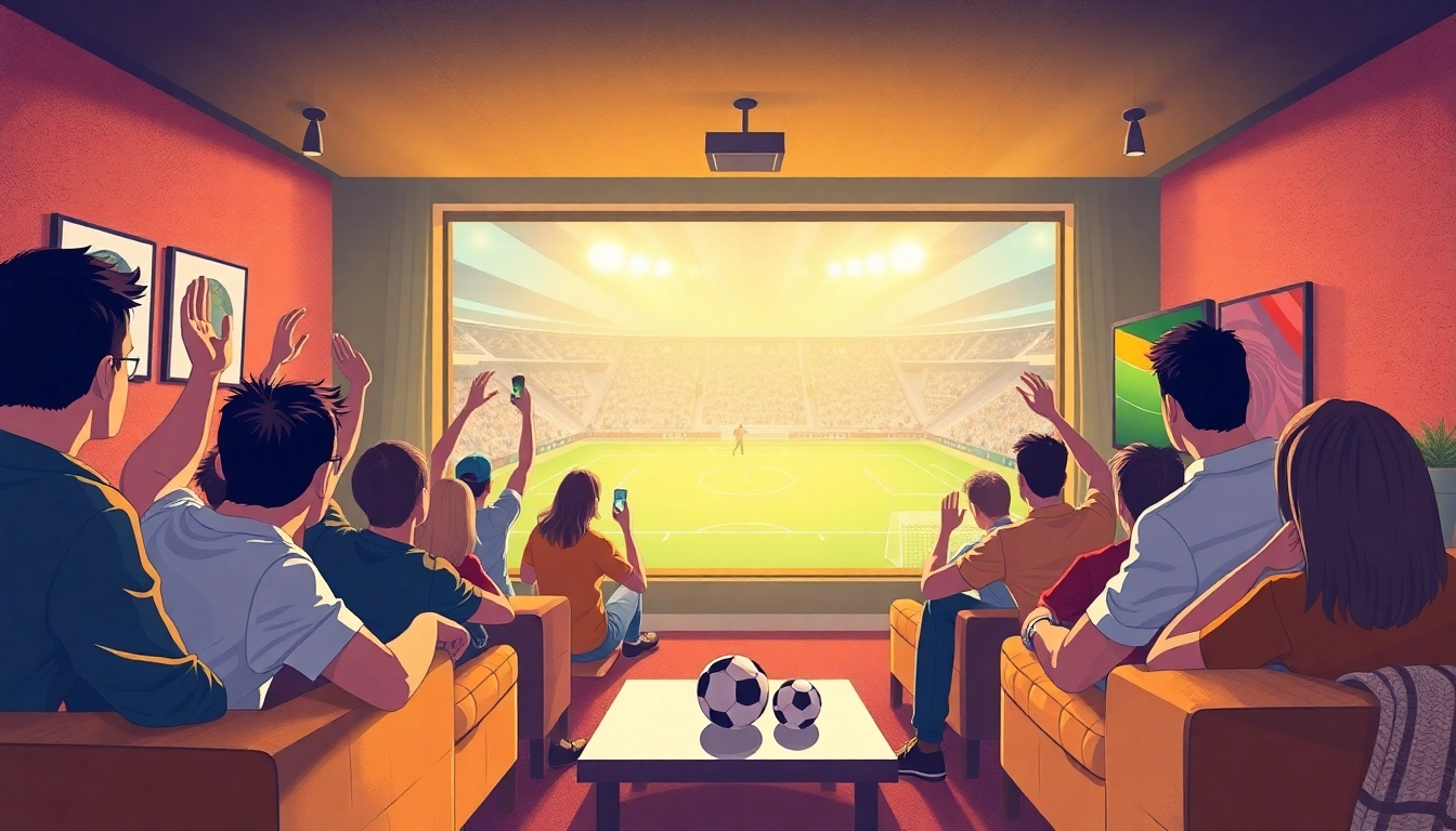 Enjoy an exciting เว็บดูบอล experience as fans celebrate goals in a lively living room setting.