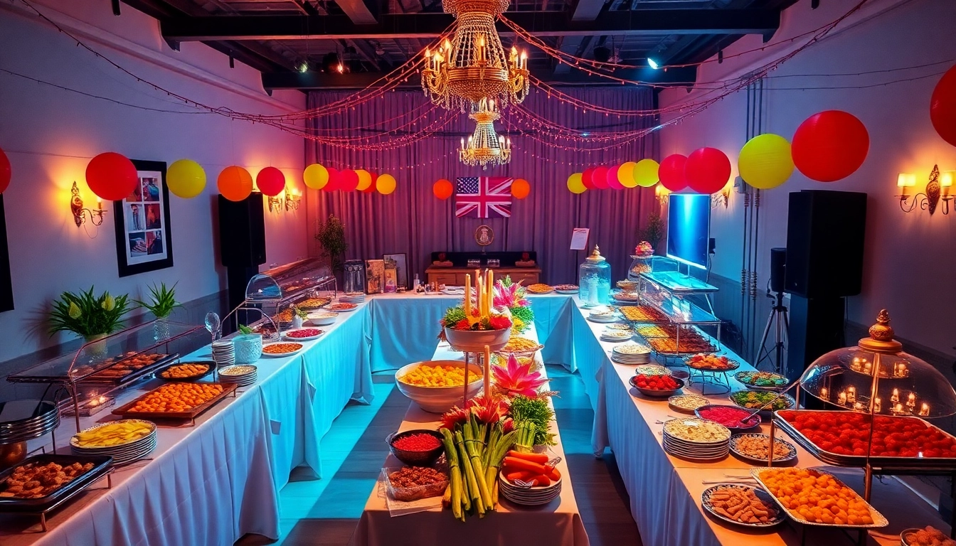 Elegant buffet setup for Partyservice Berlin featuring colorful dishes and festive decorations.