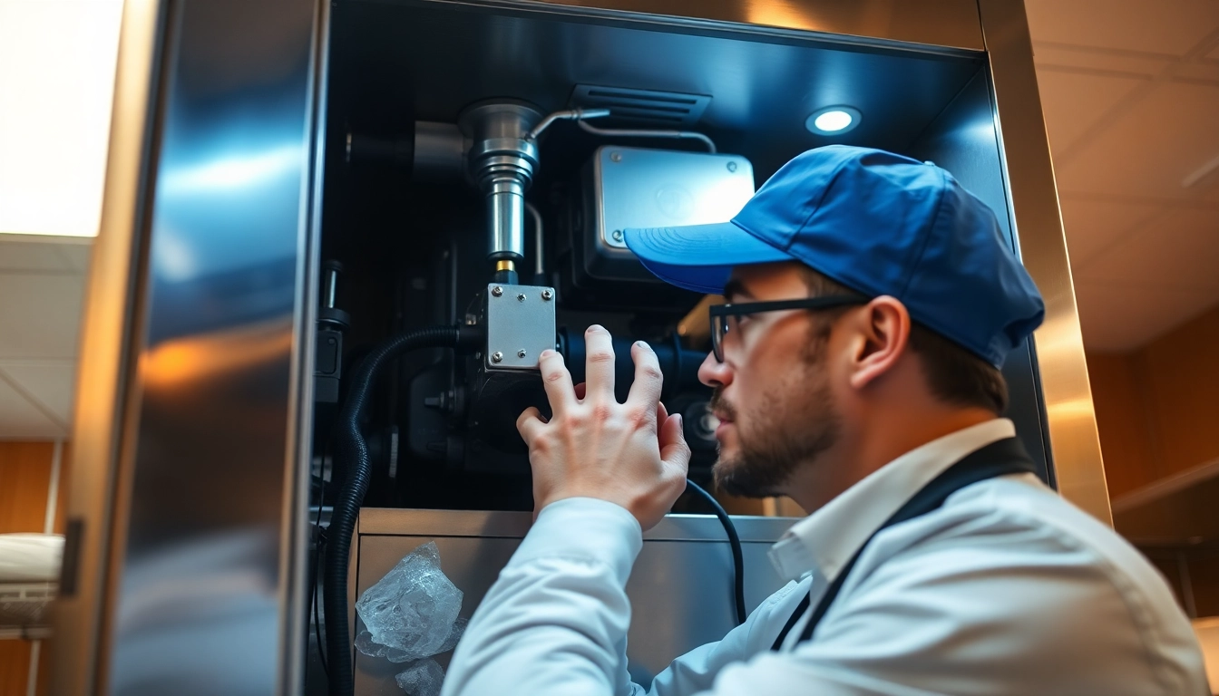 Skilled technician performing ice machine repair in a commercial kitchen setting, ensuring optimal performance.