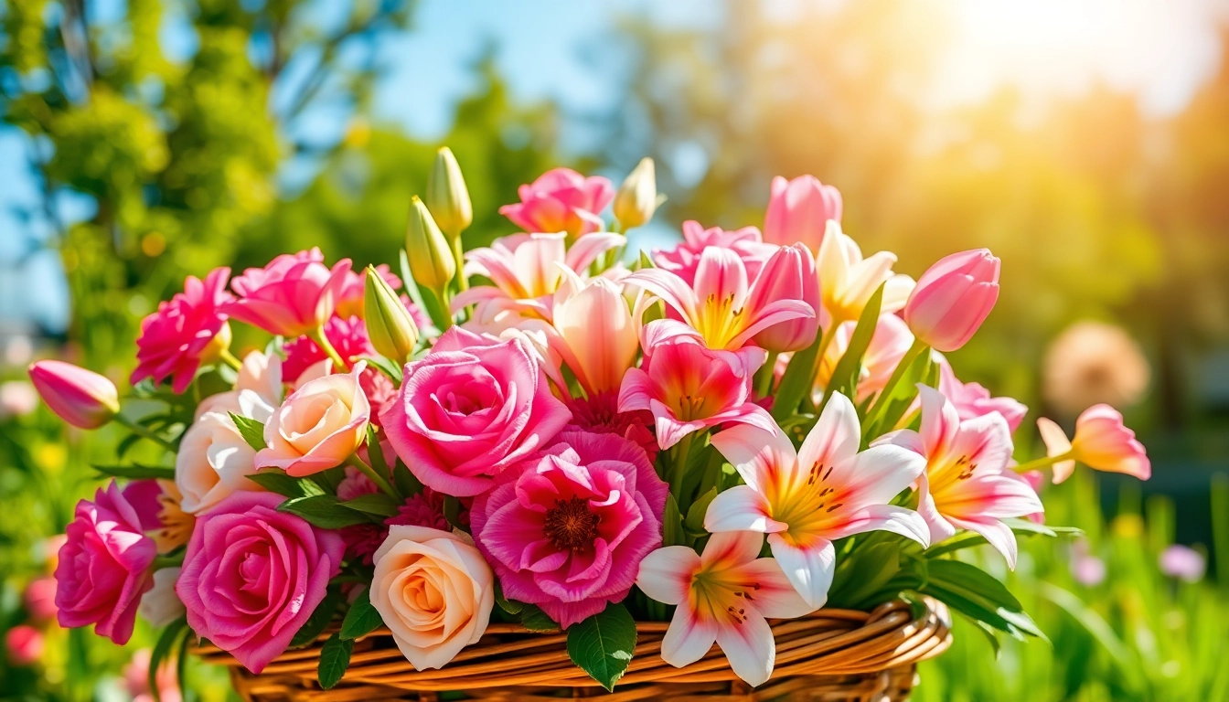 Arrange a beautiful bouquet of Irvine flowers in a rustic basket under sunny skies.