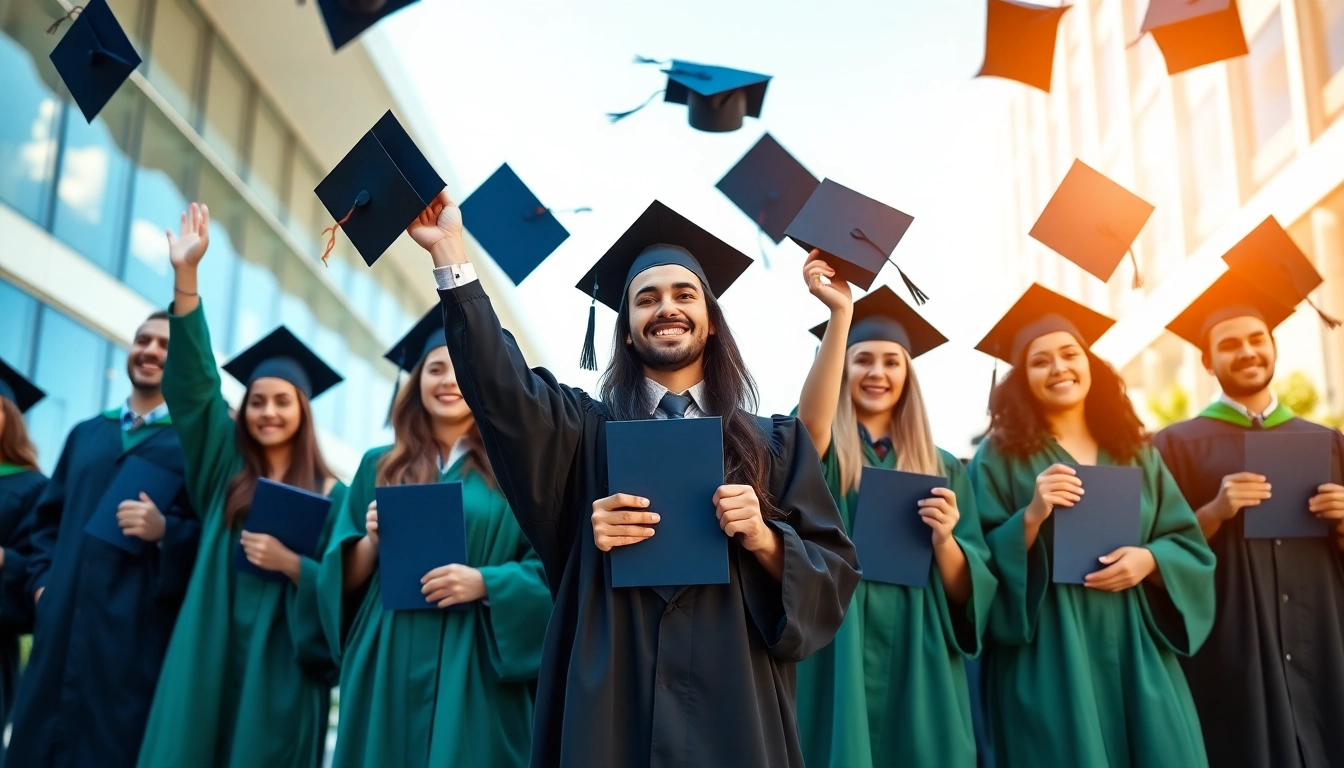 Celebrate online university degrees from UK with diverse graduates in caps and gowns.