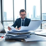 Étapes pour enregistrer une société au Luxembourg : entrepreneur examinent des documents dans un bureau moderne