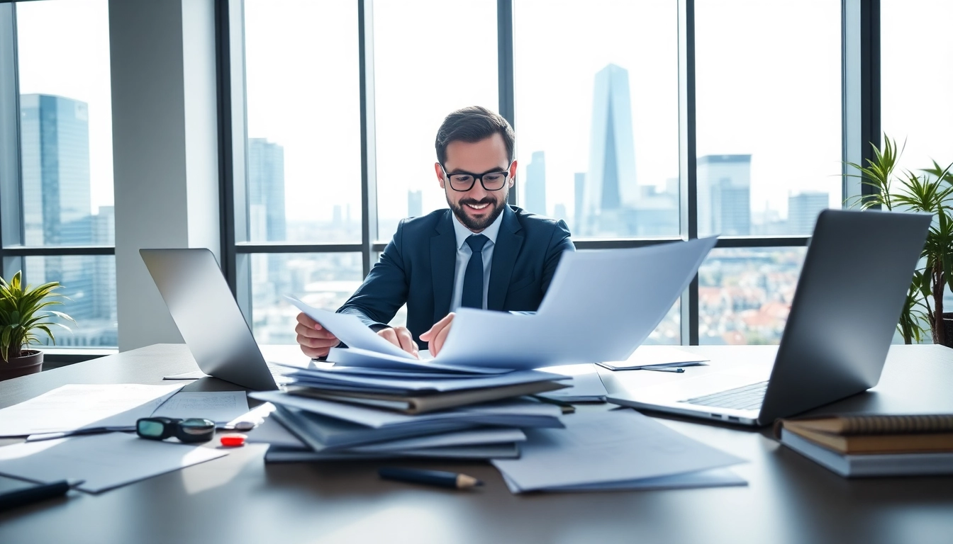 Étapes pour enregistrer une société au Luxembourg : entrepreneur examinent des documents dans un bureau moderne