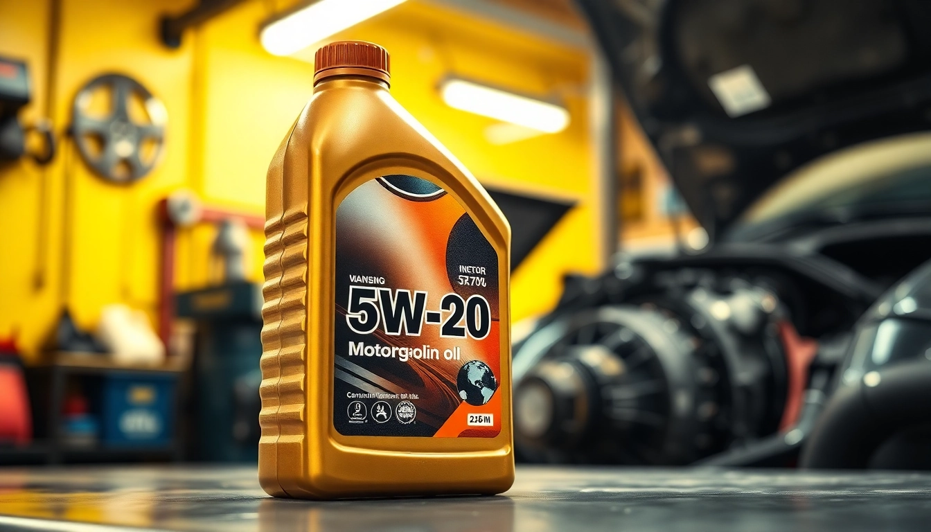 Enhance your engine's longevity with premium oil 5W-20 featured prominently in a garage setting.
