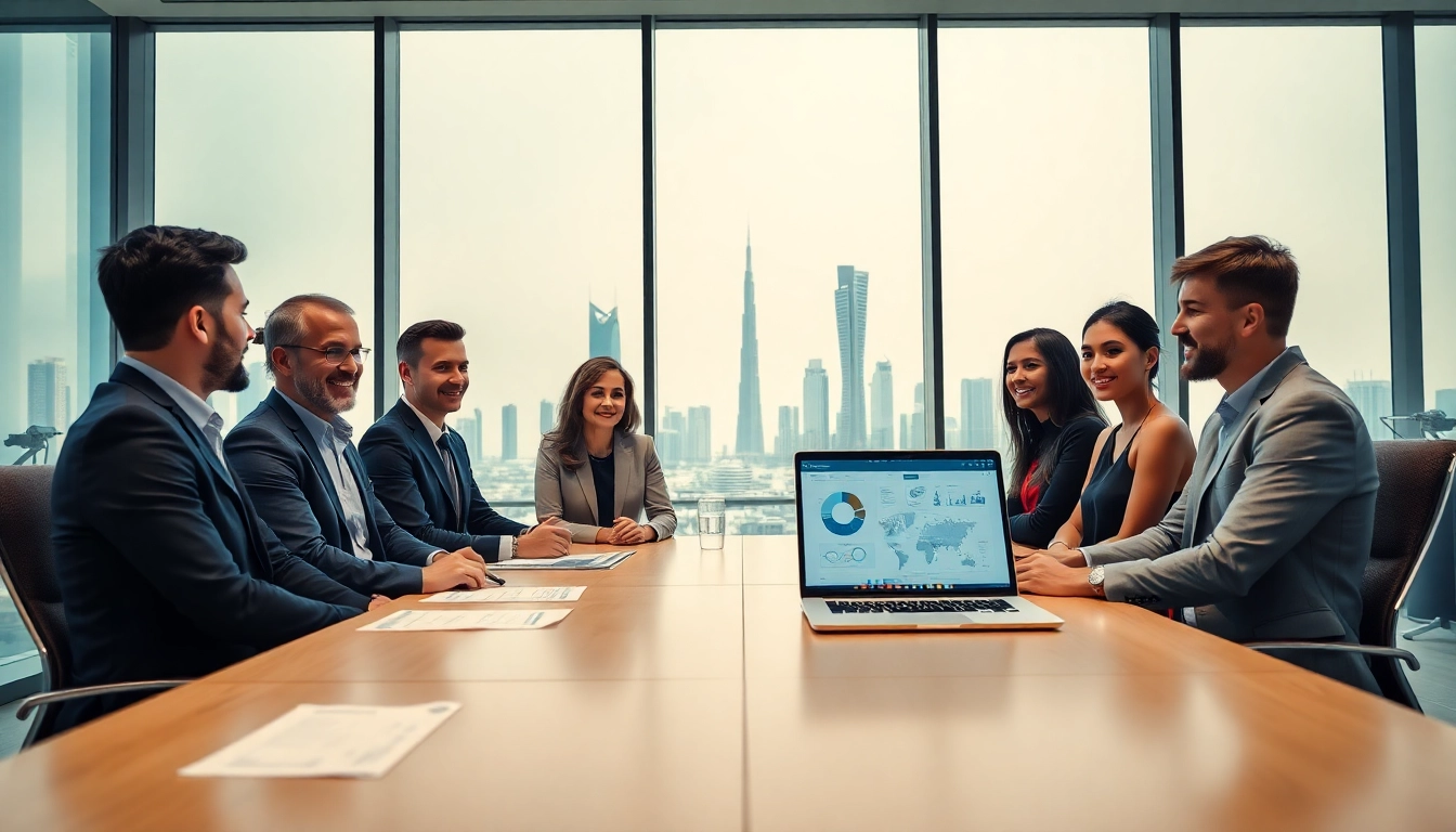 Discussing trademark registration in Dubai in a modern business setting with diverse professionals.