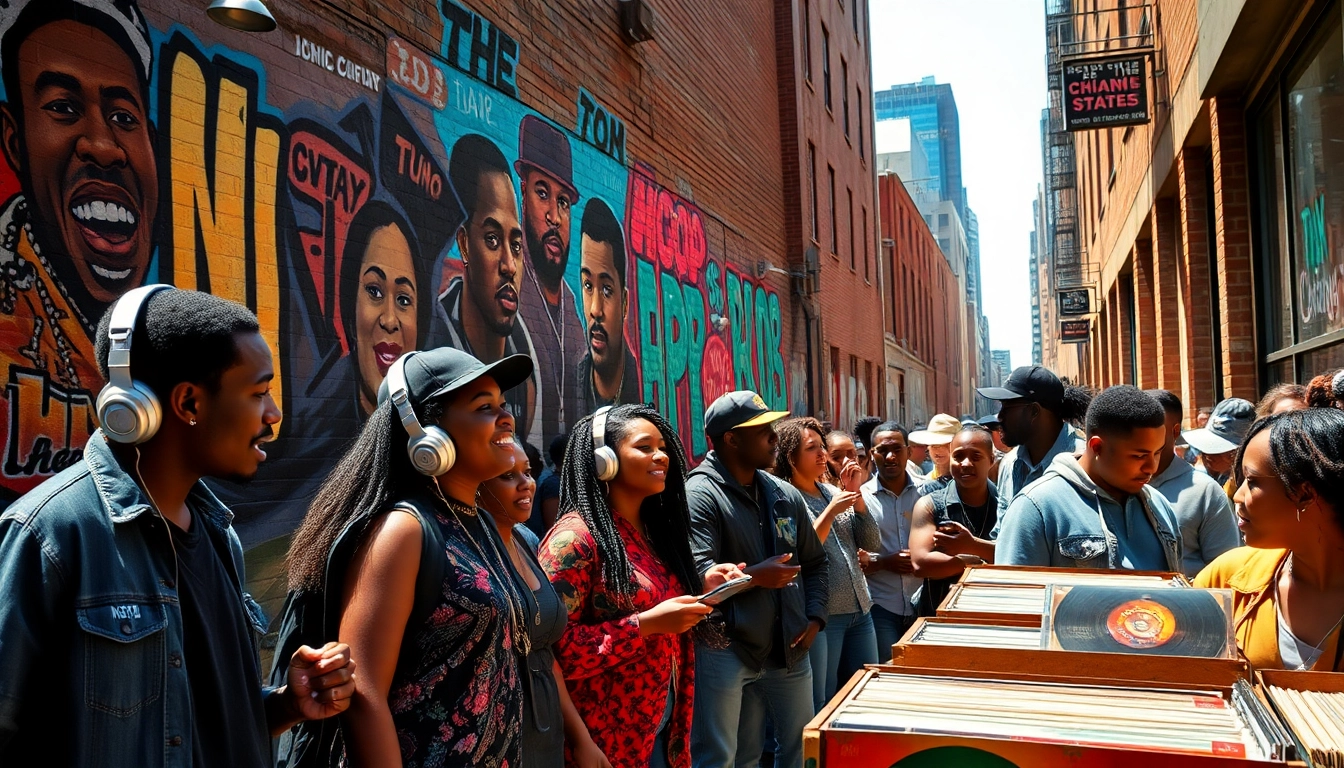 Engaging street scene highlighting hip-hop mixtapes Chicago with youth sharing music passionately.