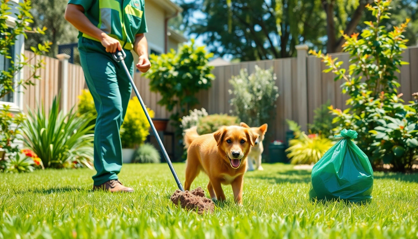 Dog clean up service in action, featuring a professional cleaning up pet waste in a vibrant, green backyard.