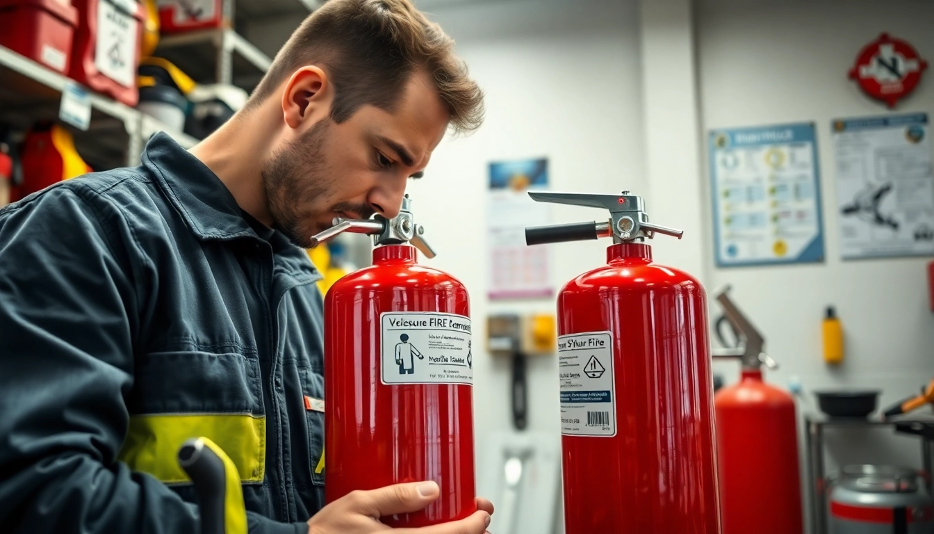 Fire extinguisher servicing Birmingham with a technician inspecting equipment for safety compliance.