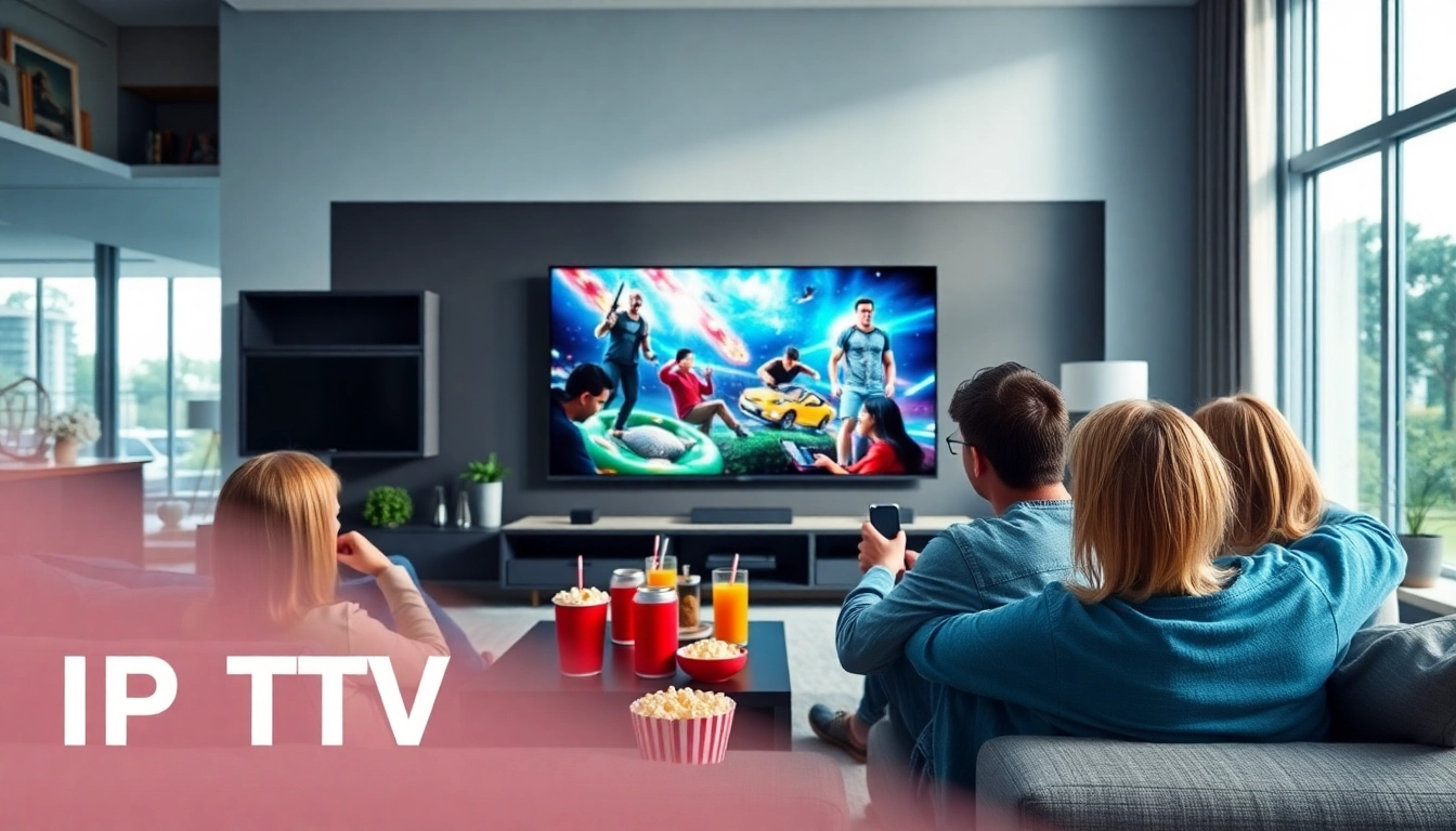 Enjoying IPTV Subscription USA in a vibrant living room with family watching TV.