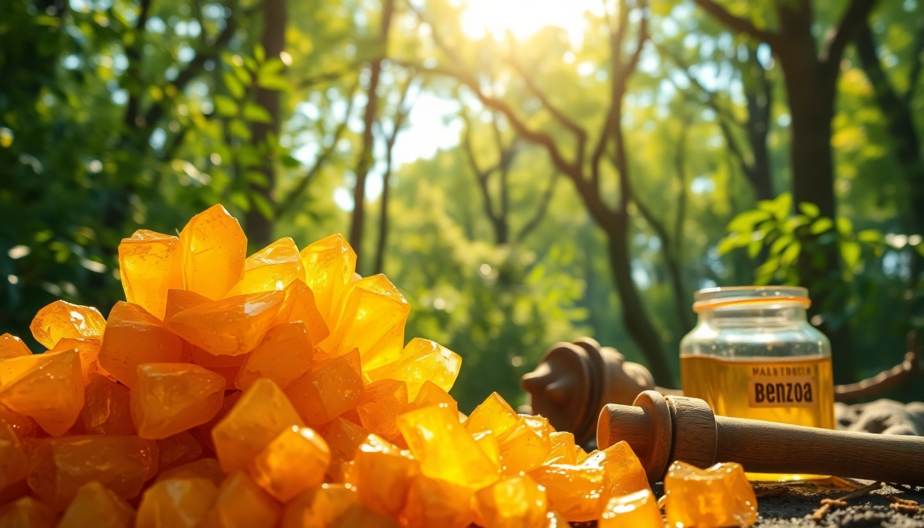 Extracting Benjoin resin from Styrax trees, highlighting the golden sap and natural forest environment.