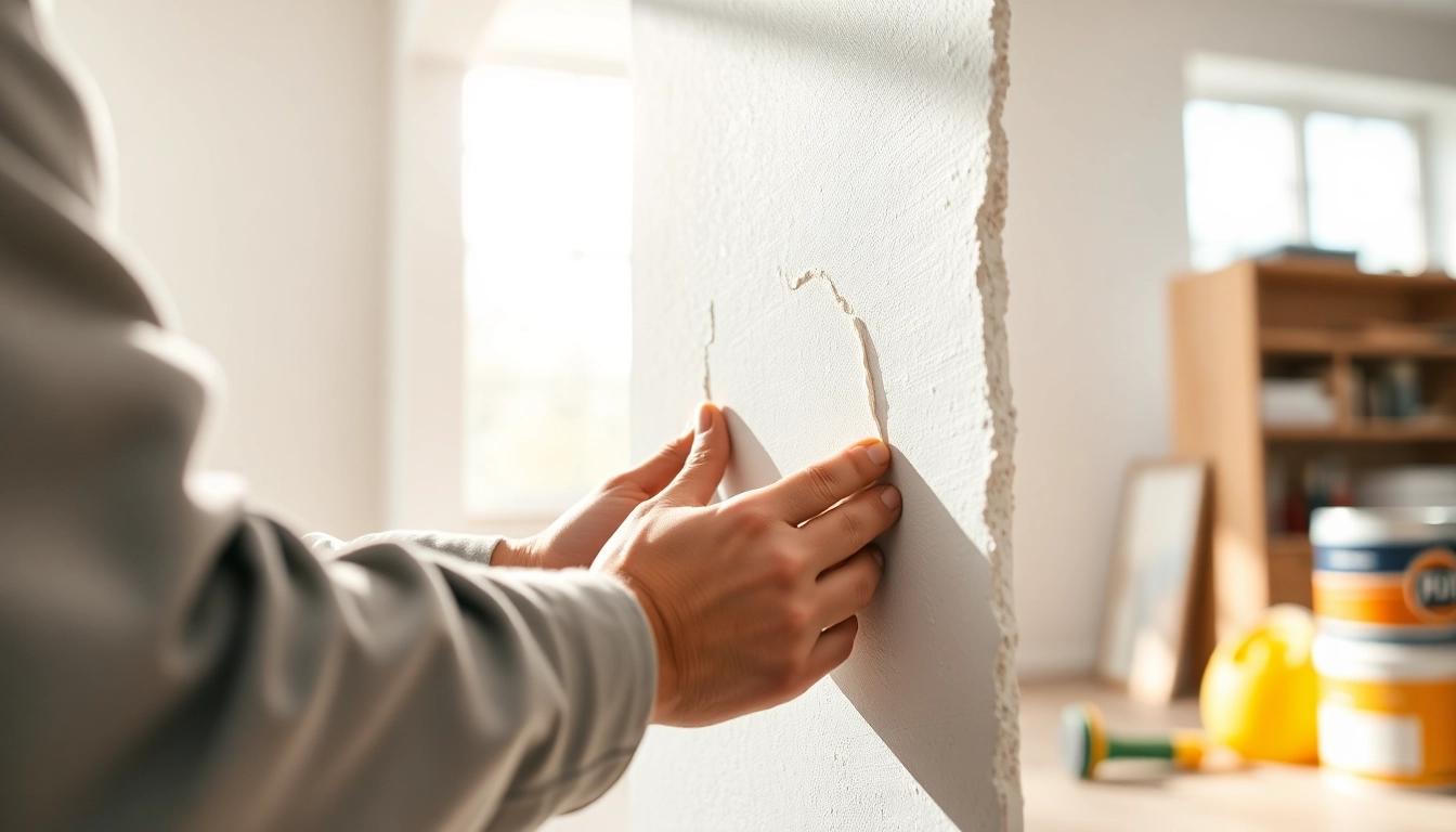Skilled technician performing drywall repair madison wi with professional tools and bright lighting.