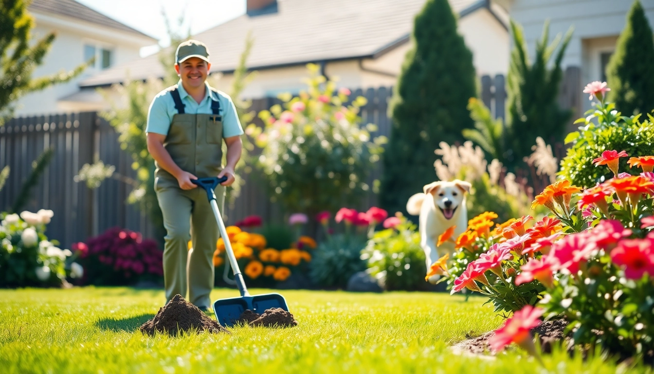 Dog poop cleanup service effectively maintaining a clean yard with happy dog playing.