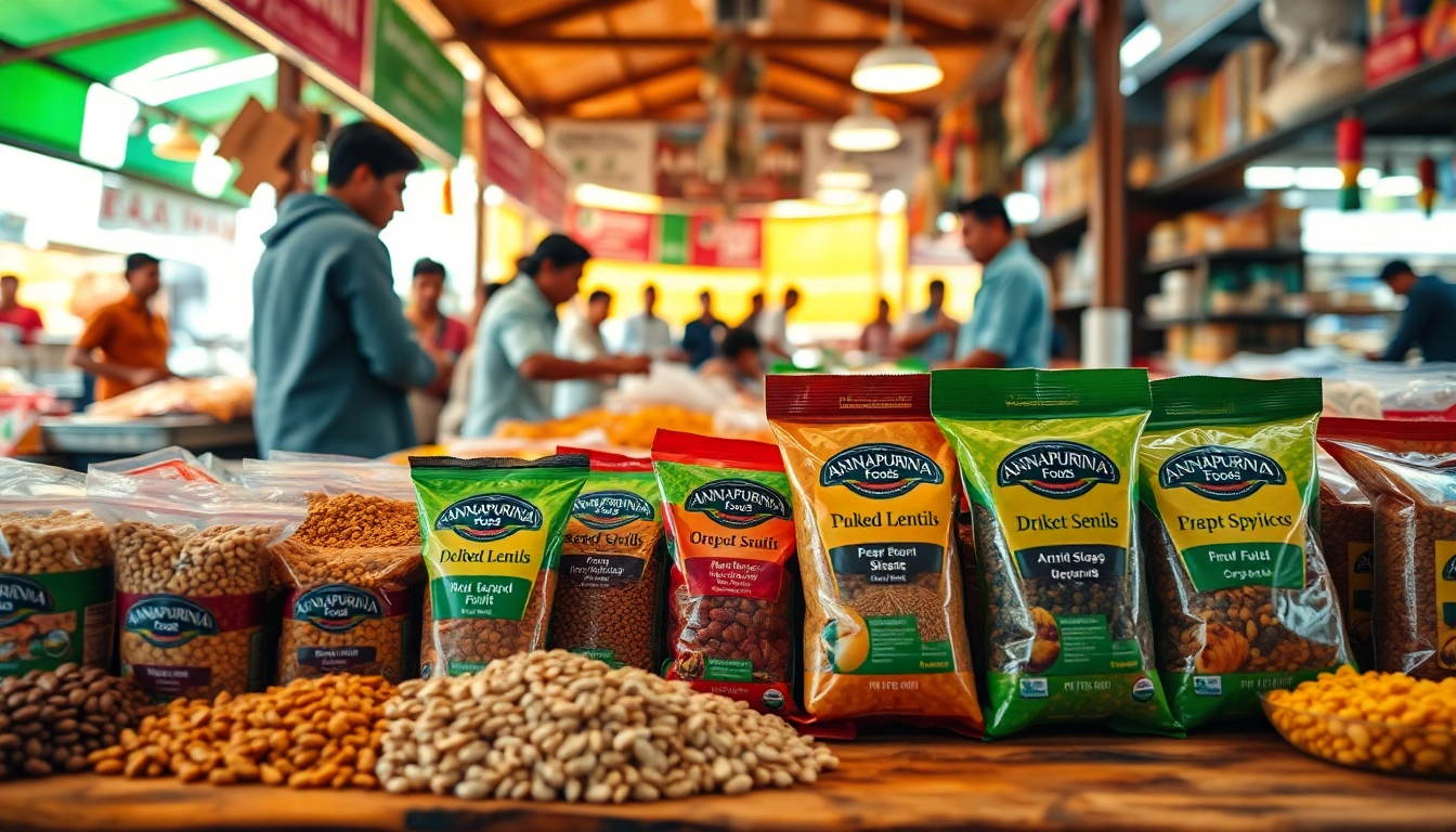 Showcase of Annapurna Foods Pvt Ltd organic products highlighting vibrant packaging and community atmosphere.