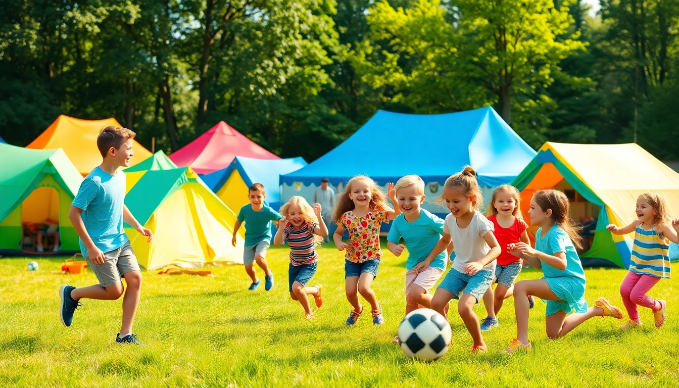 Families smiling and engaging in fun holiday camps activities outdoors.