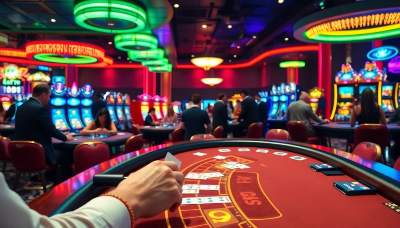 Experience the excitement of a live casino featuring vibrant tables and engaging players.