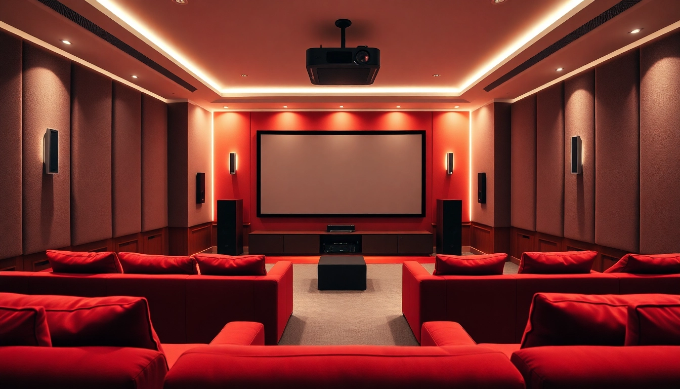 Home theater installation near me featuring a luxurious cinema room with elegant decor and ambient lighting.