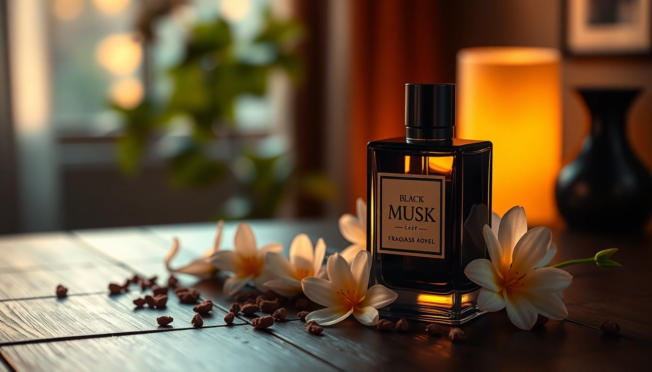 Vaporiser le parfum Black musk sur une table luxueuse en bois