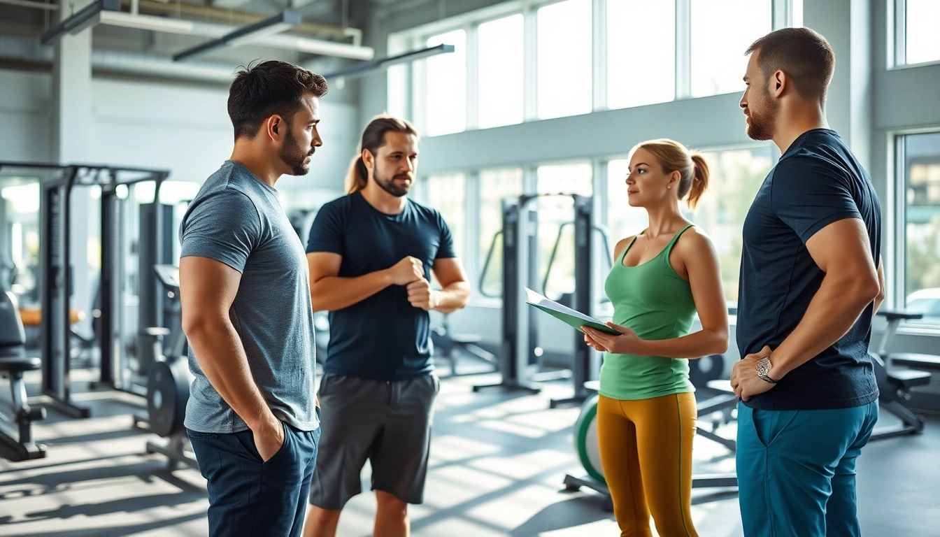 Engaging gym Training Consultation with a professional trainer and client in a modern gym setting.