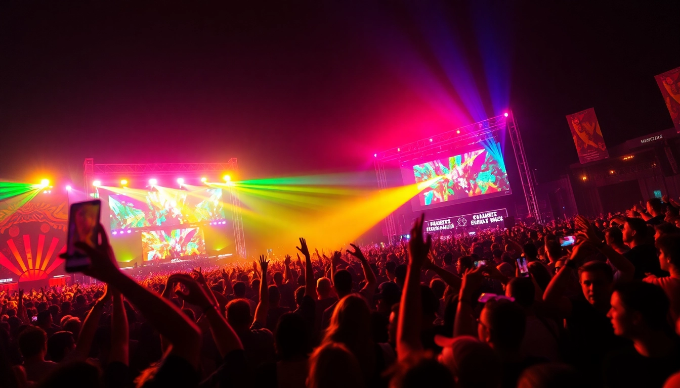 Experience the vibrant atmosphere at 汽水音乐官网 during a live music festival with colorful lights and an enthusiastic crowd.