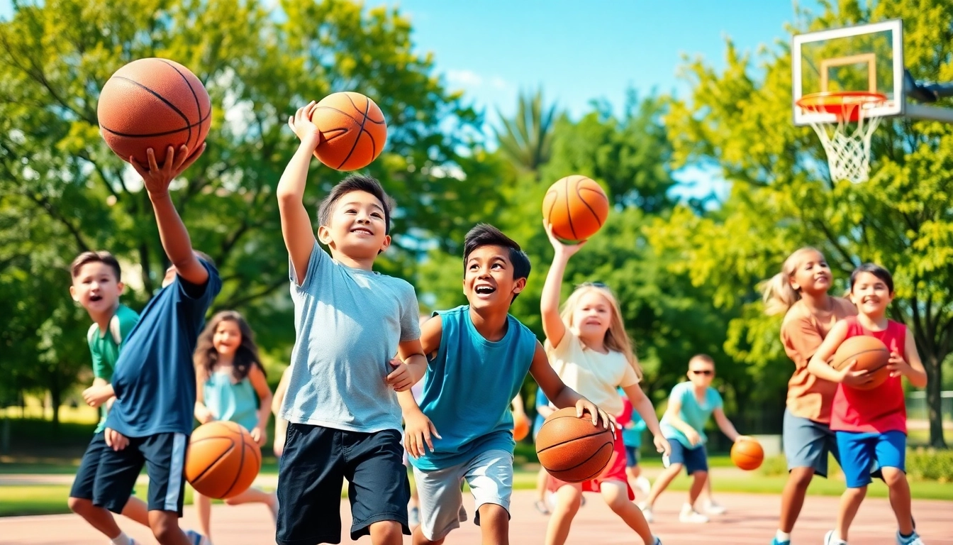 Young basketball enthusiasts training in an energetic basketball clinic.