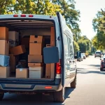 Efficient man and van moving service transporting household items across a sunny neighborhood.