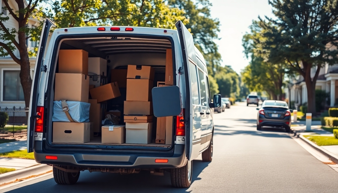 Efficient man and van moving service transporting household items across a sunny neighborhood.