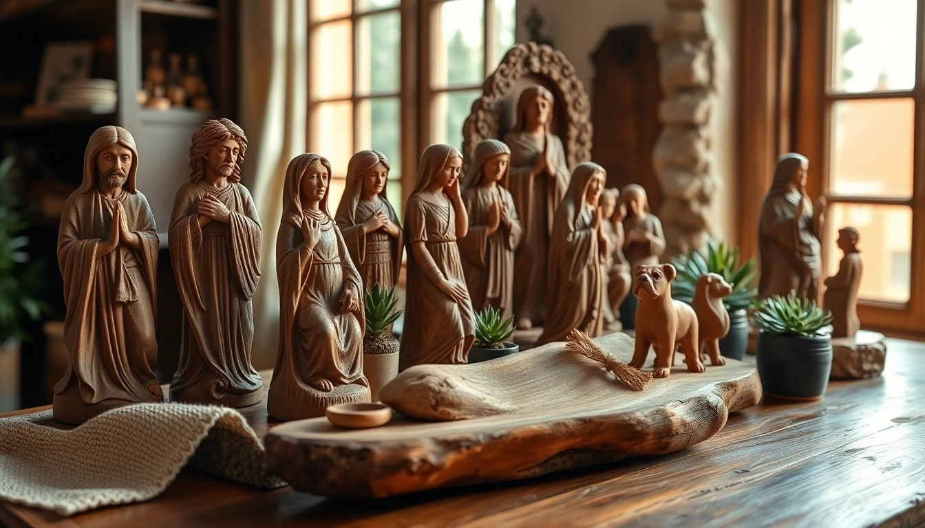 Olive wood carvings displayed on a rustic table, showcasing intricate details and craftsmanship.