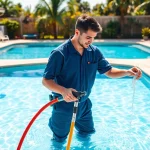 Swimming pool service Pinellas County technician maintaining a gorgeous pool in a sunny backyard.