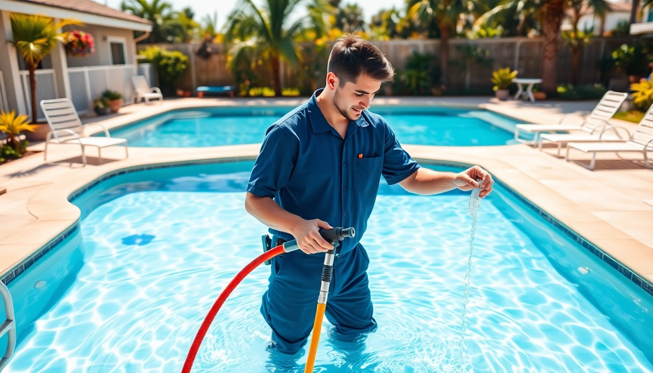 Swimming pool service Pinellas County technician maintaining a gorgeous pool in a sunny backyard.