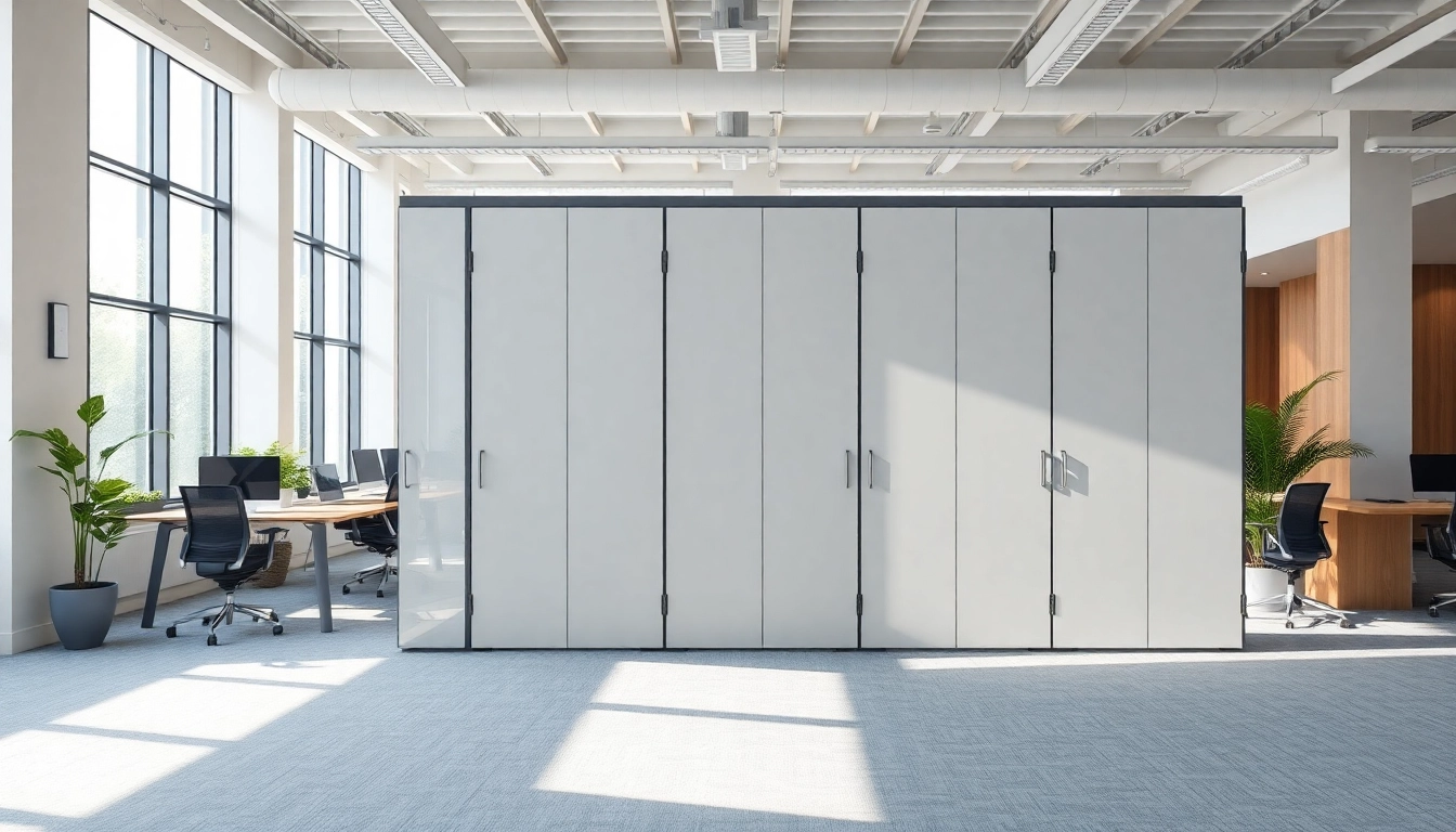 Modern folding partition wall dividing an office space, showcasing flexibility and style.