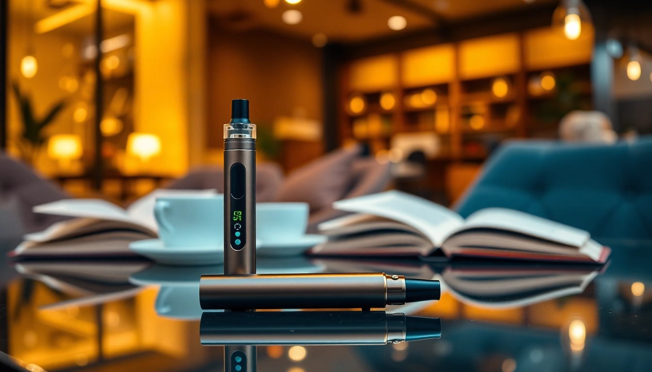 Caffeine vape device showcased in a stylish urban lounge, emphasizing sleek design and modern lifestyle.