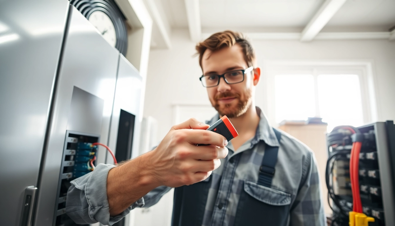 Electrician performing an Electrical Panel Upgrade by checking connections on a modern electrical panel.