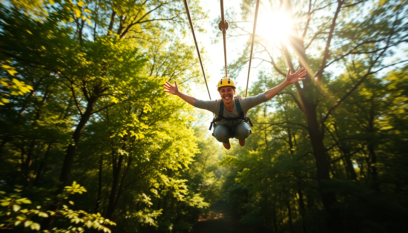 Experience the thrill of a ZIP WIRE KIT adventure in a vibrant forest setting.