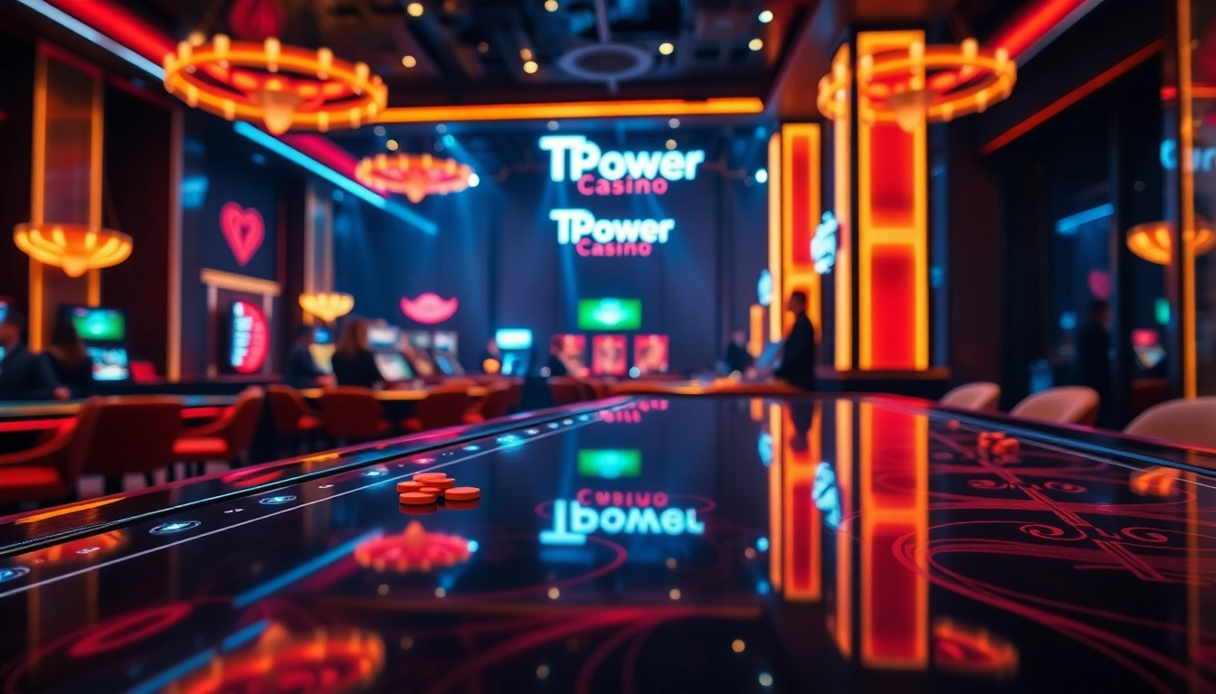 Experience the thrill of TPower casino with luxurious gaming tables and vibrant nightlife atmosphere.